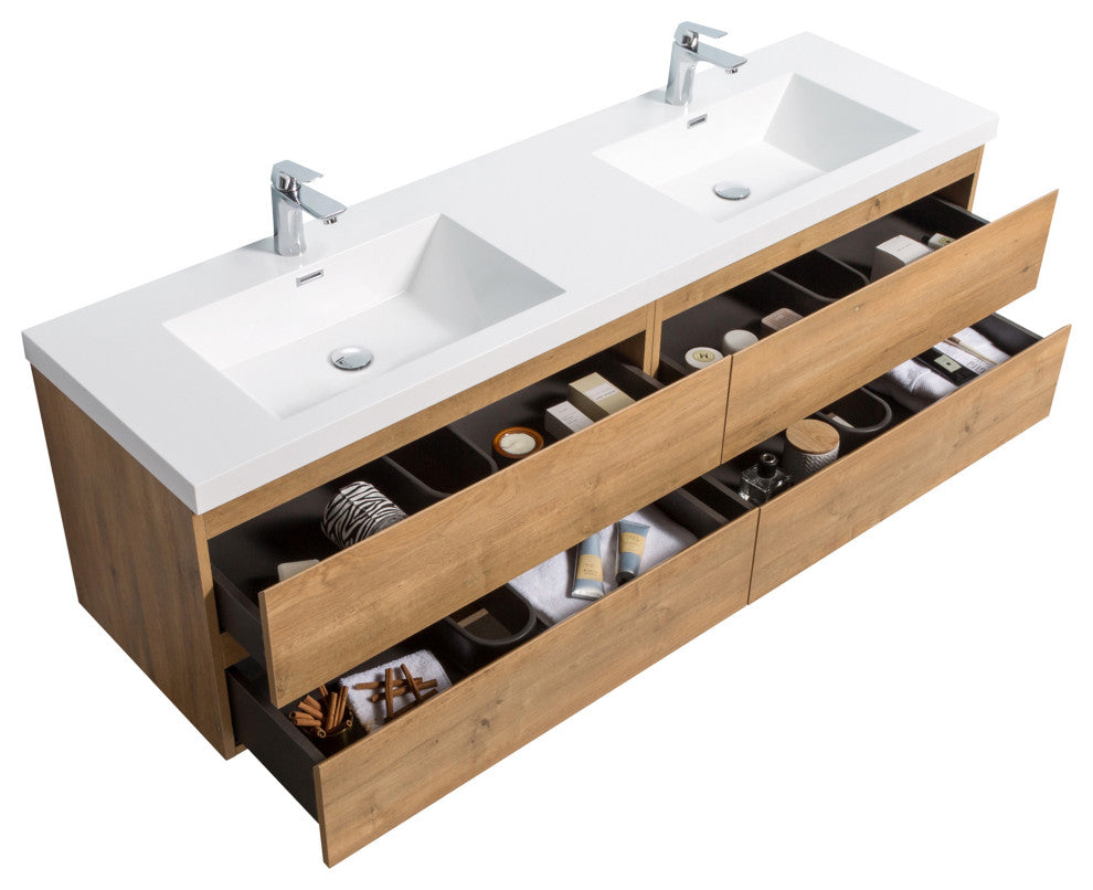 Alma-Pre 4 Drawers Wall Mount Vanity, Integrated White Sink, Natural Oak, 72"