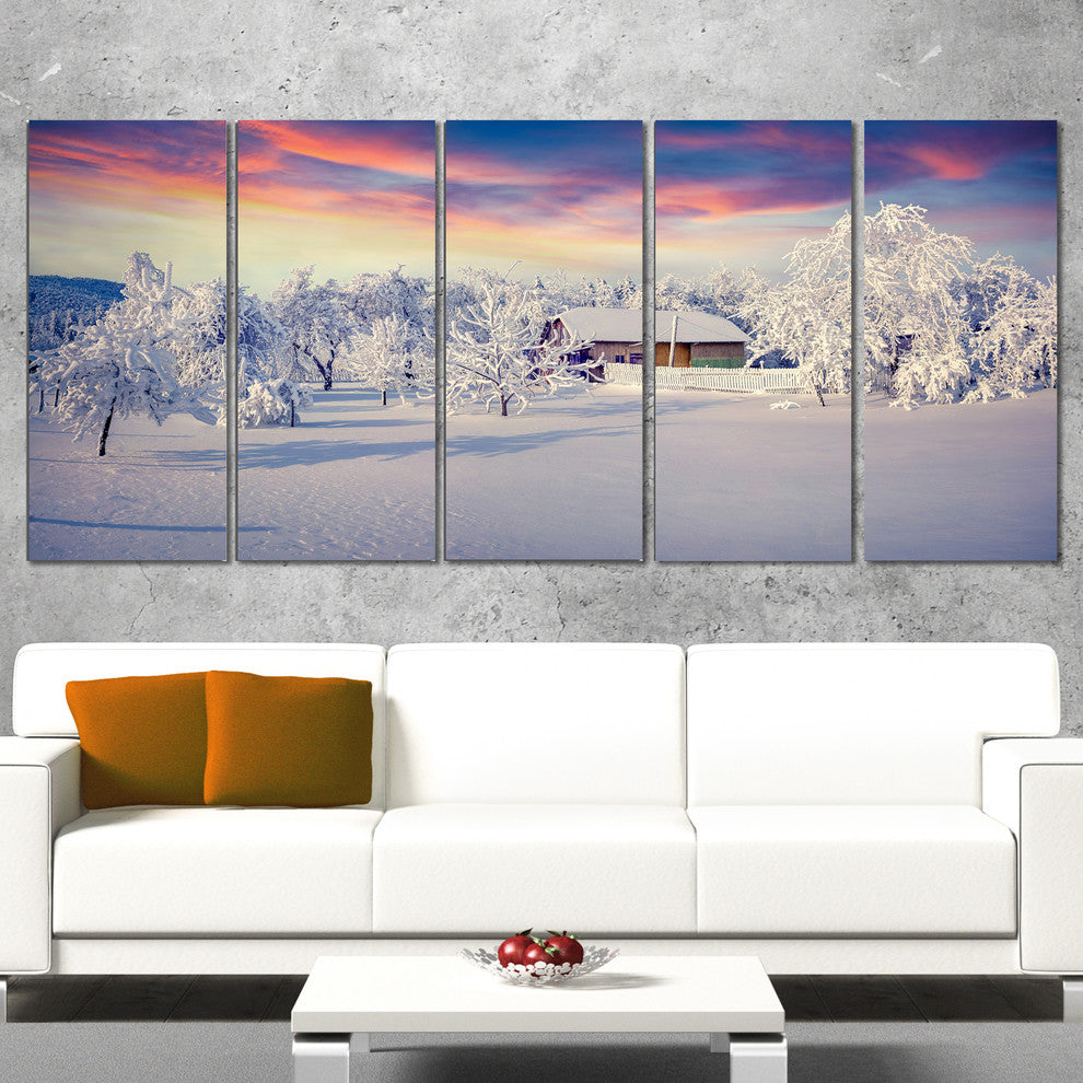 Snowfall Covering Trees and Houses, Landscape Canvas Print, 60"x28", 5 Panels