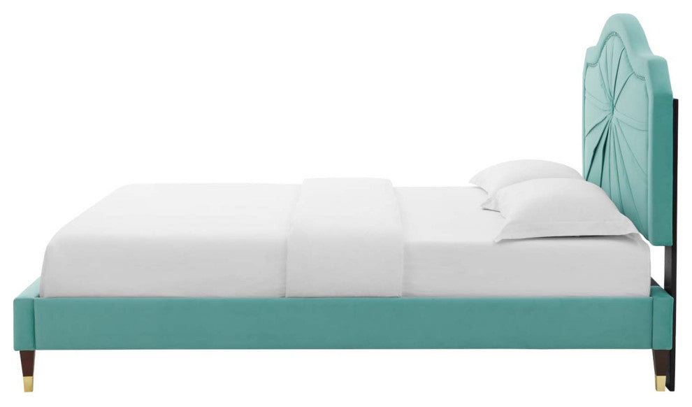 Platform Bed Frame, Full Size, Velvet, Blue, Modern Contemporary, Bedroom Master