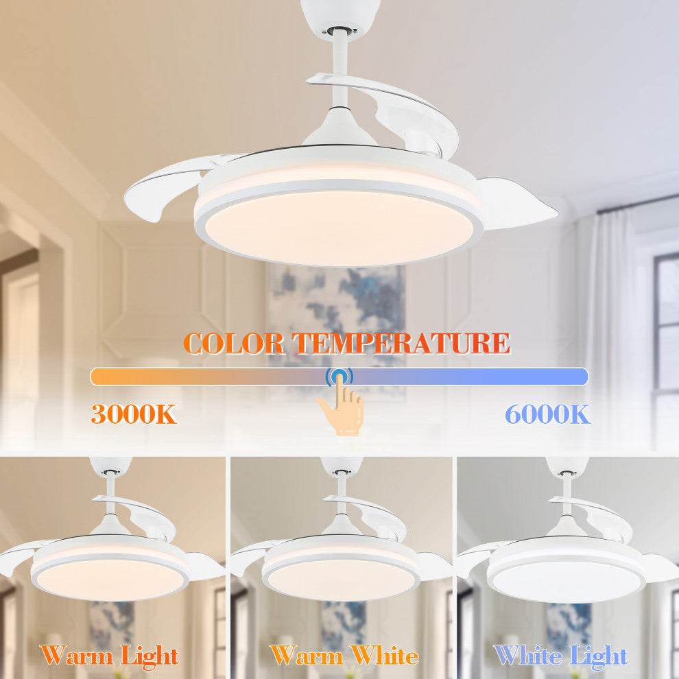 36W Reversible Ceiling Fan with Retractable Blades and Remote Control, White