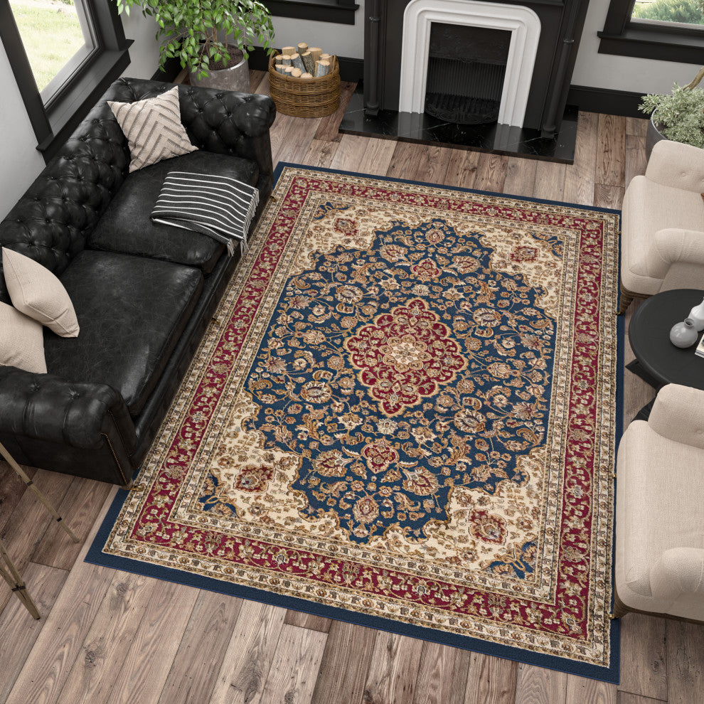 Kirsten Transitional Border Area Rug, Navy, 7'10''x10'3''