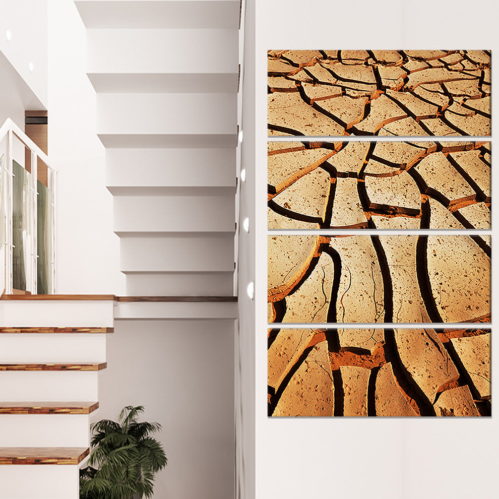 Cracked Brown Drought Land, African Landscape Canvas Print, 28"x48", 4 Panels