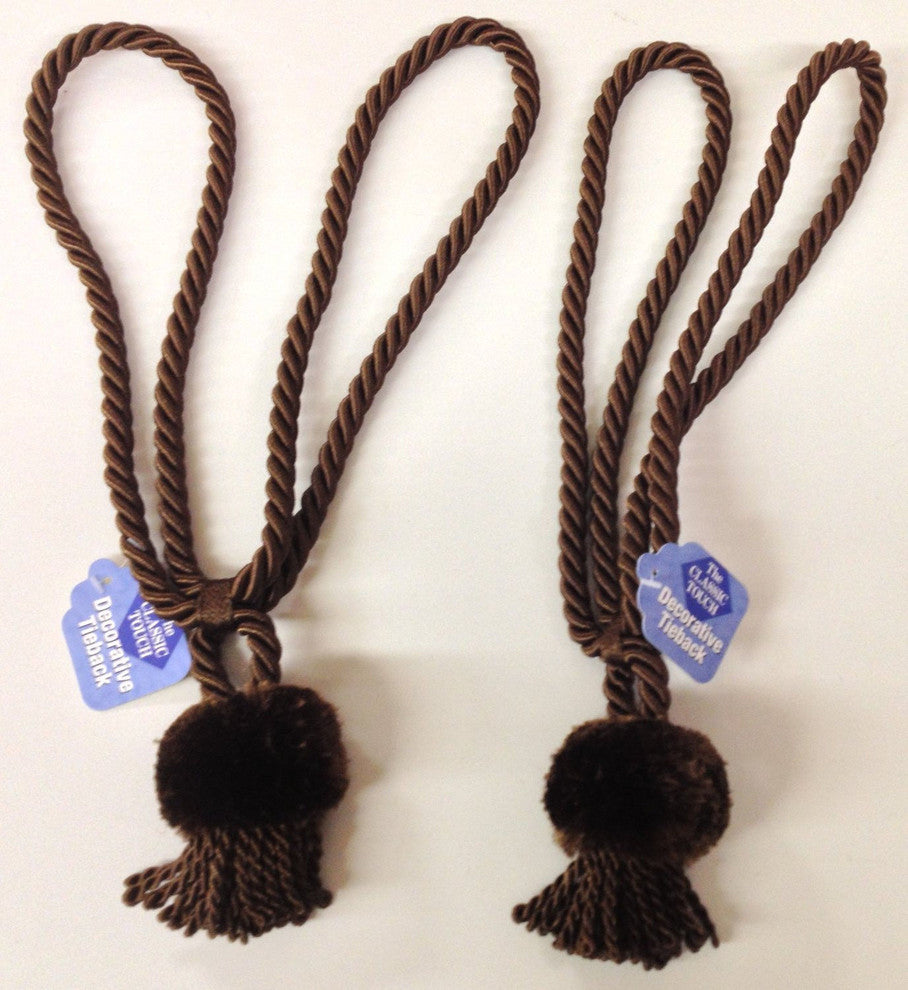 Set Of 2 Rope Cord Curtain Tie Backs With Tassel, Chocolate