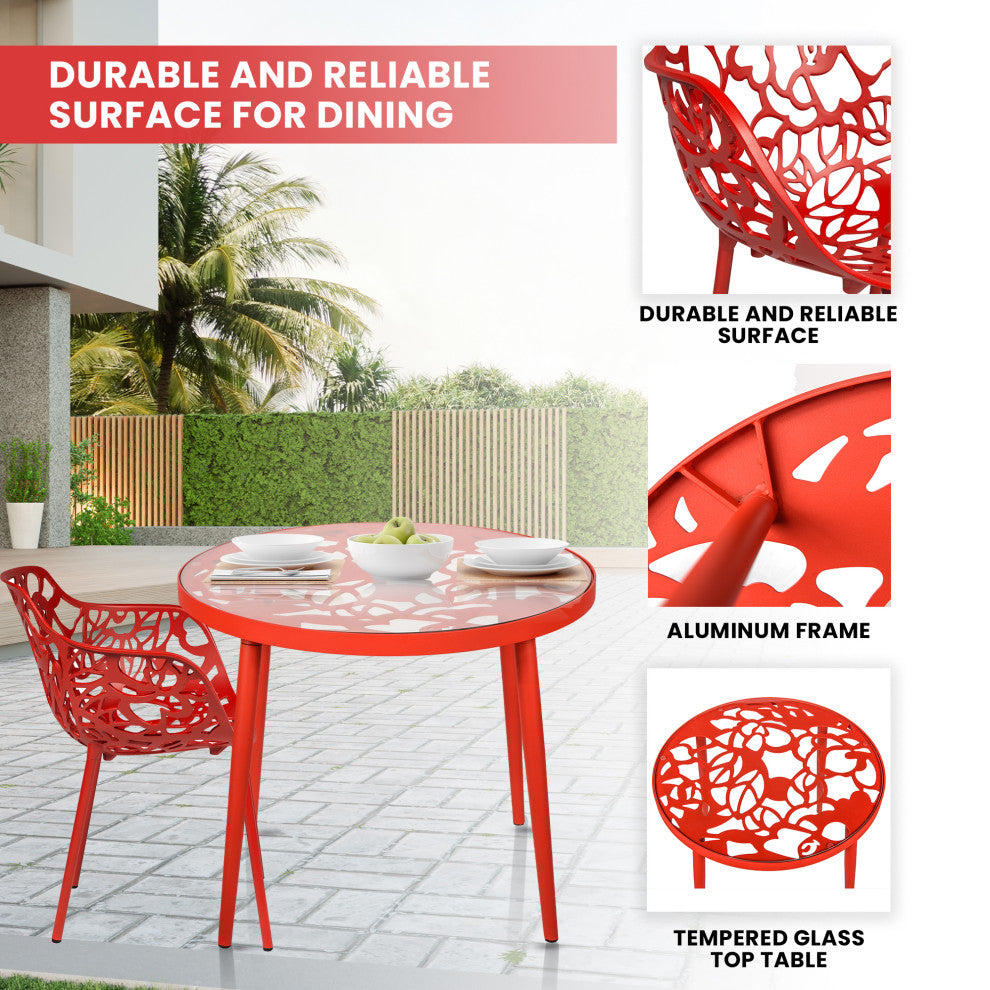 LeisureMod Devon Aluminum Patio Dining Set With Table and 2 Armchairs, Red