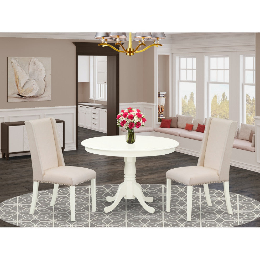 3Pc Kitchen Set, Round Table, 2 Chairs, Cream Chairs Seat, Linen White