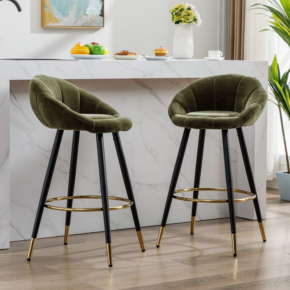 Set of 2 Blooming Flower Chenille Bar Stools, Darkgreen