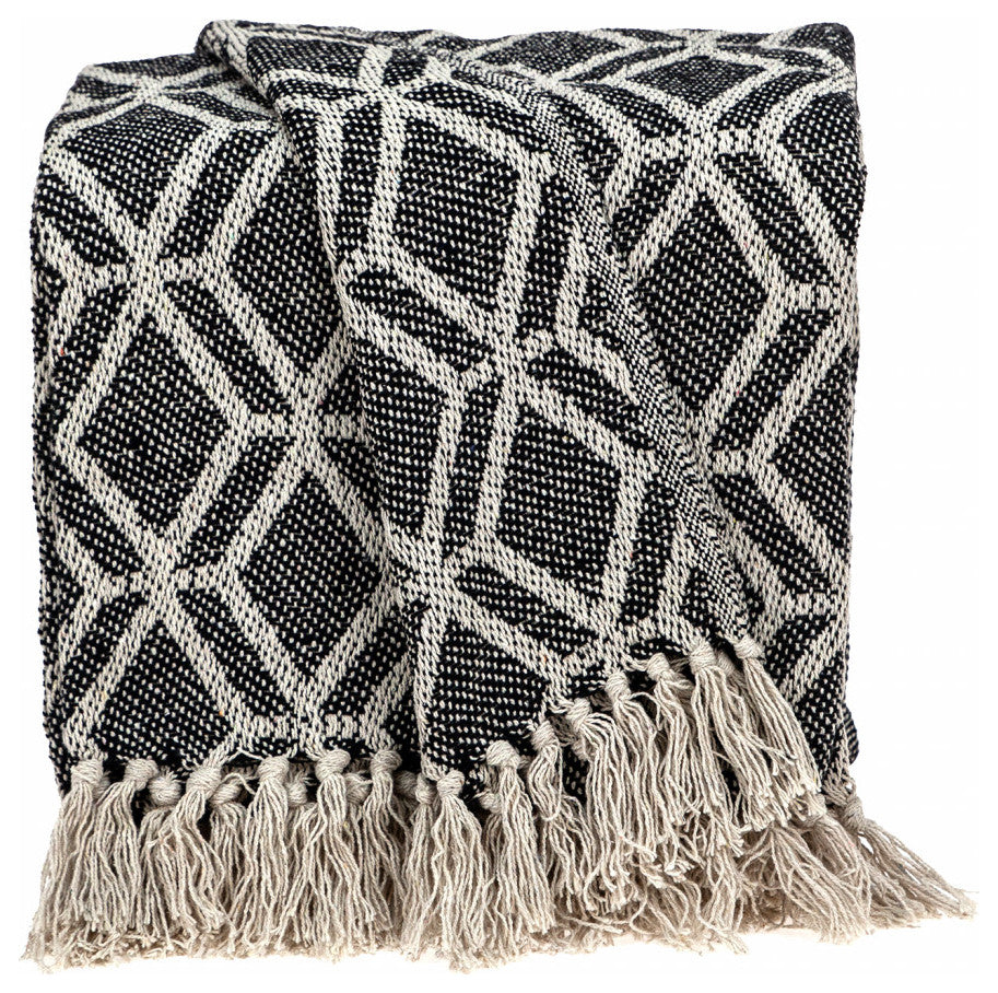 Gray and Beige Handloom Geometric Woven Throw Blanket