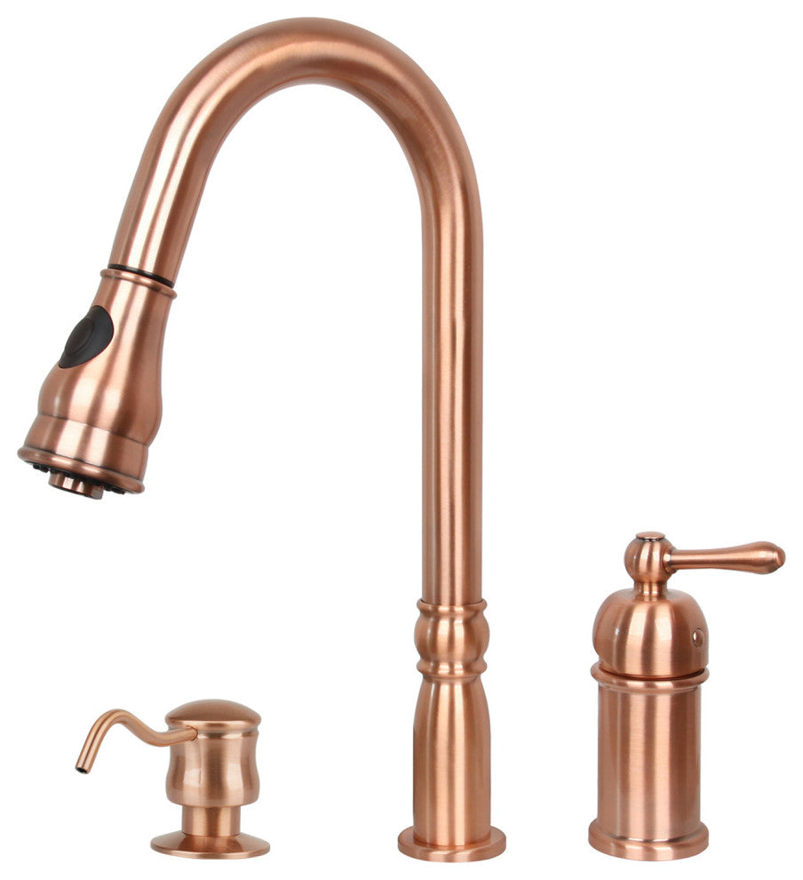Copper Pull Down Kitchen Faucet With in-Deck Handle and Soap Dispenser