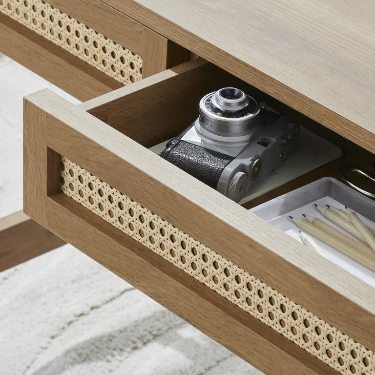 Modern Desk, Rubberwood Legs With Storage Drawers & Cut Out Pulls, Light Honey