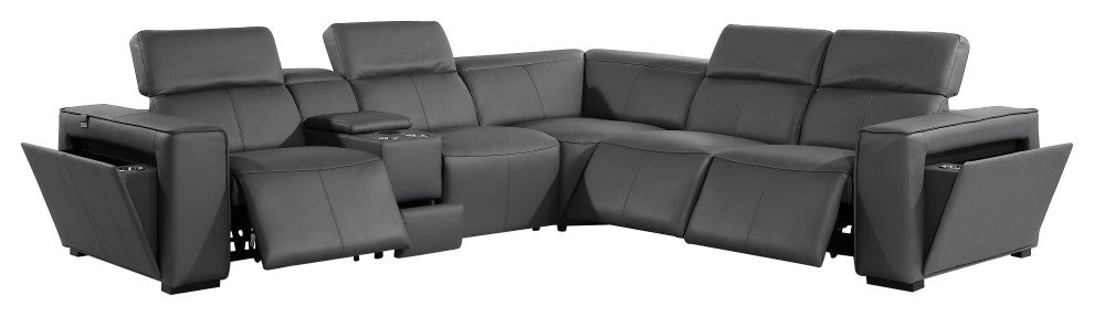 Niccolo Top Grain Italian Leather 6-Piece L-Shaped Power Reclining Sectional, Dark Grey