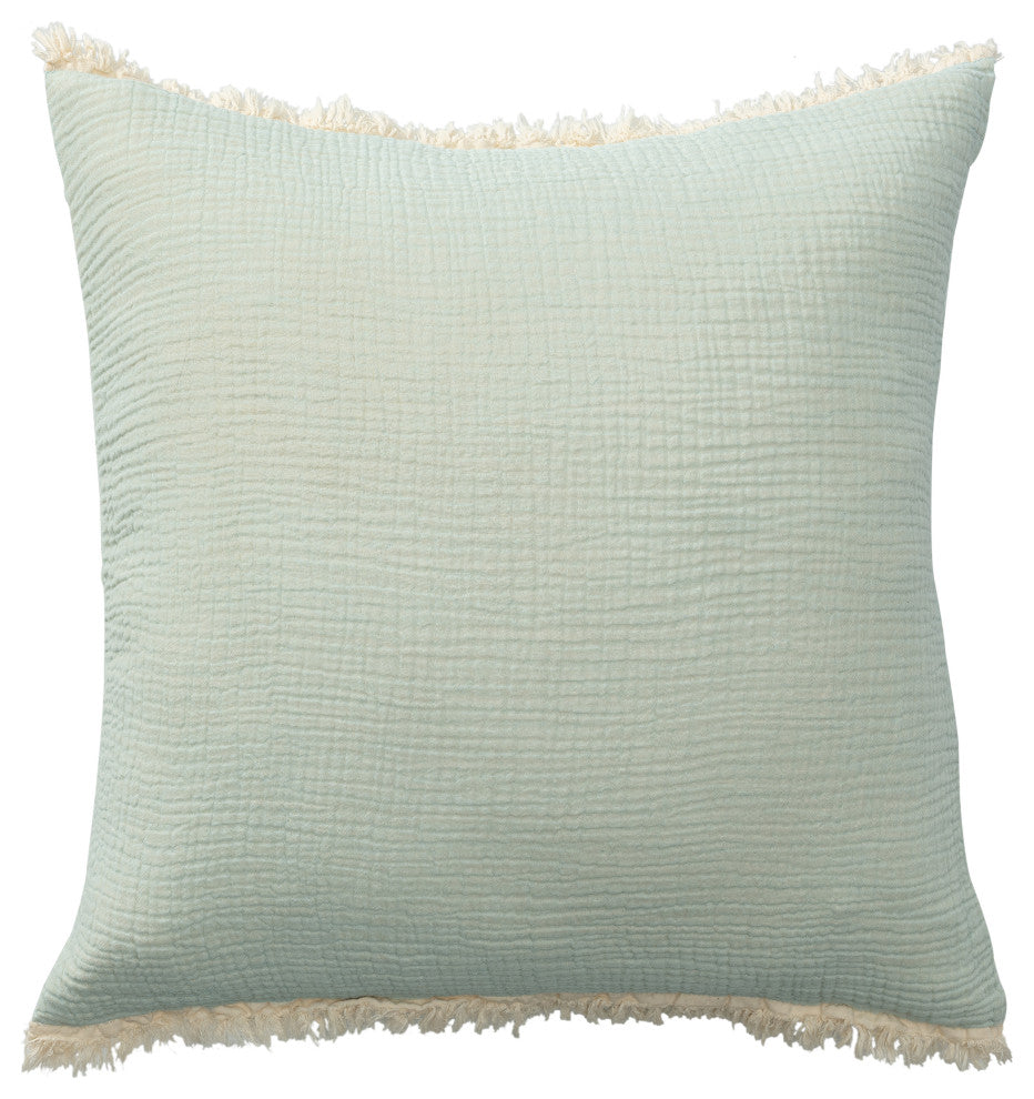 Cream/ Beige Solid Fringed Organic Turkish Cotton Throw Pillow, Green