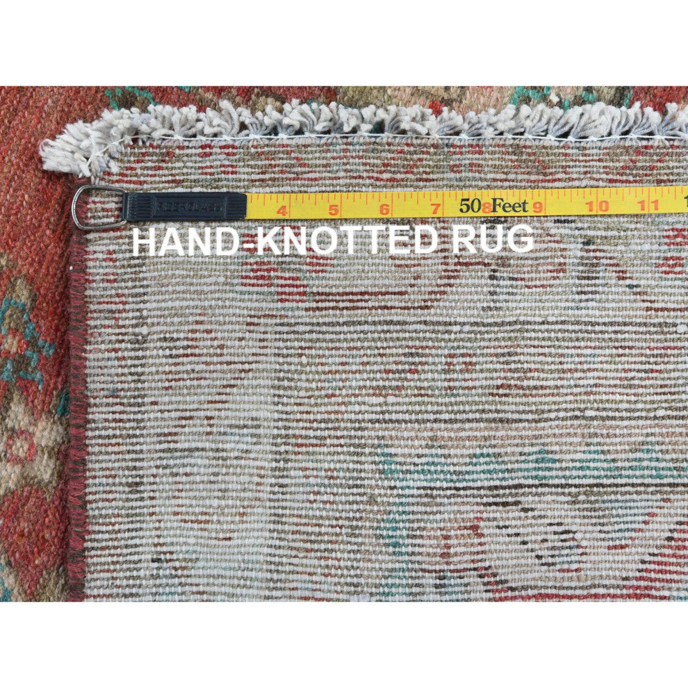 Tomato Red Hand Knotted Old Persian Bibikabad Pure Wool Runner Rug, 3'9"x12'3"