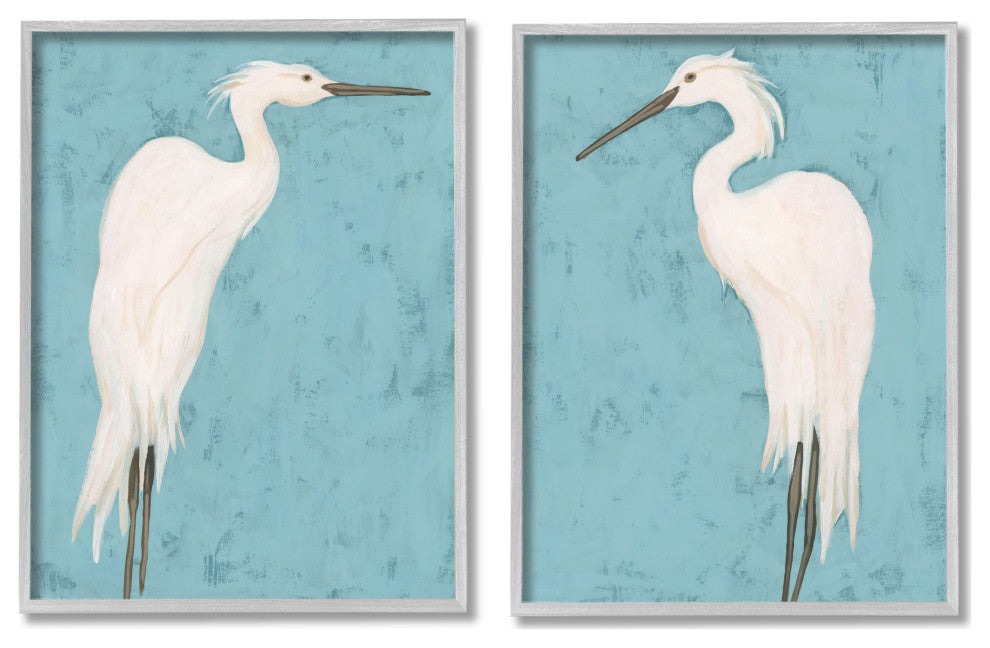 Nautical Heron Casual Coastal Bird Distressed Blue Painting, 2pc, each 16 x 20