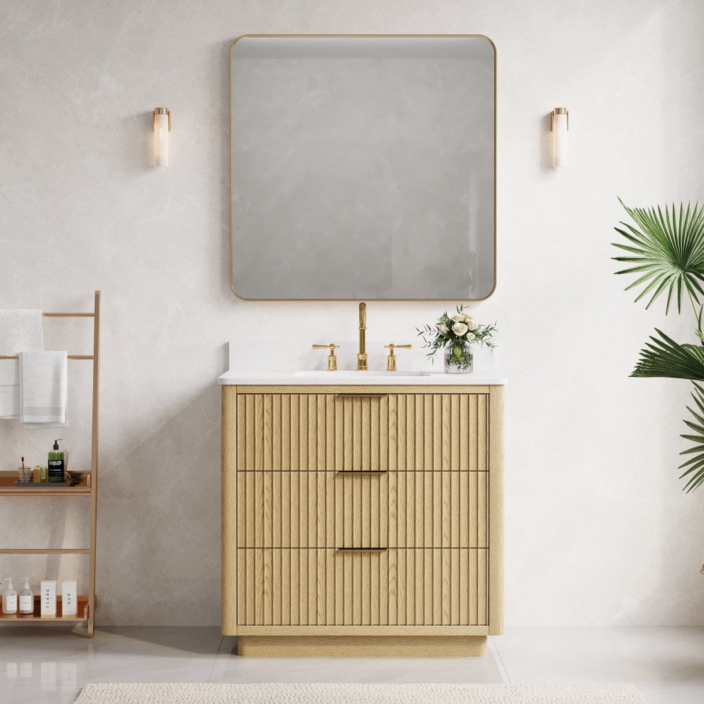 Solid Wood Freestanding Bathroom Vanity with White Quartz Top and Backsplash, 36"