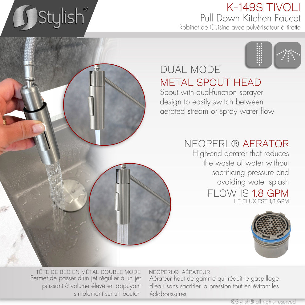 STYLISH Single Handle Pull-Down Dual Mode Kitchen Faucet Stainless Steel Brushed