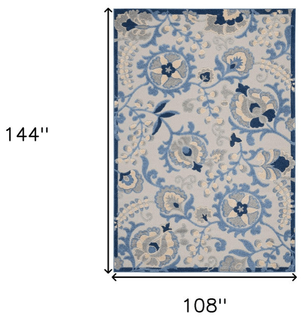 9' X 12' Blue And Grey Toile Non Skid Indoor Outdoor Area Rug