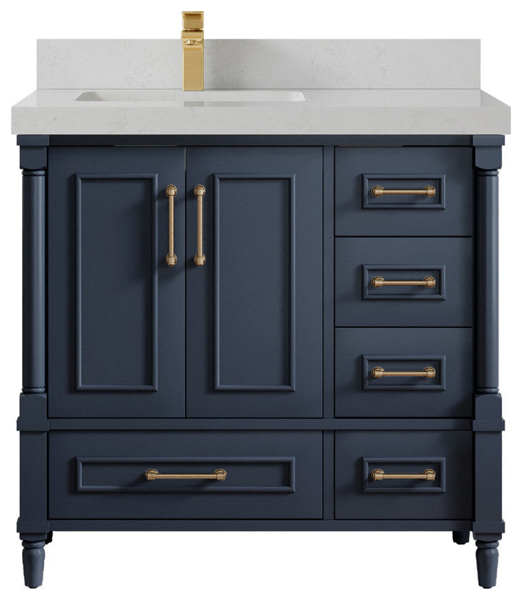 Aberdeen 36 Left Offset Bath Vanity in Hale Navy Blue  2" Carrara Quartz