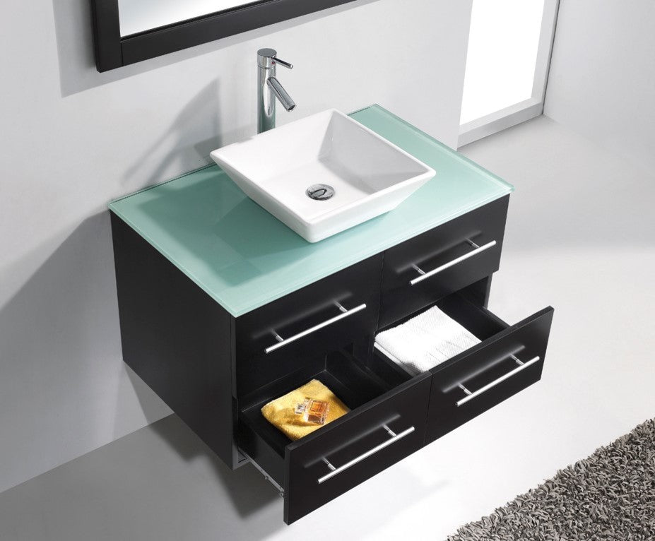 Marsala 35" Single Bathroom Vanity Set Espresso, Clear Tempered Glass Countertop