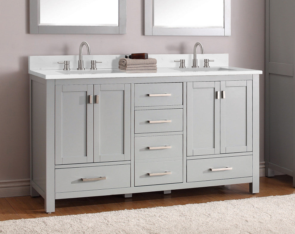 Avanity Modero 60" Double Vanity, Chilled Gray, Cala White Engineered Stone Top