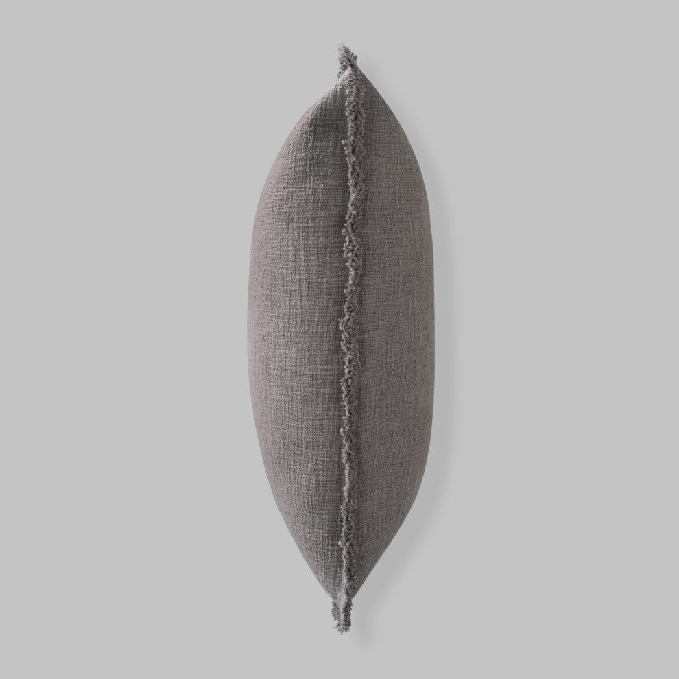 Organic Chic Washed Textured Lumbar Pillow With Frayed Edges, Shade Gray