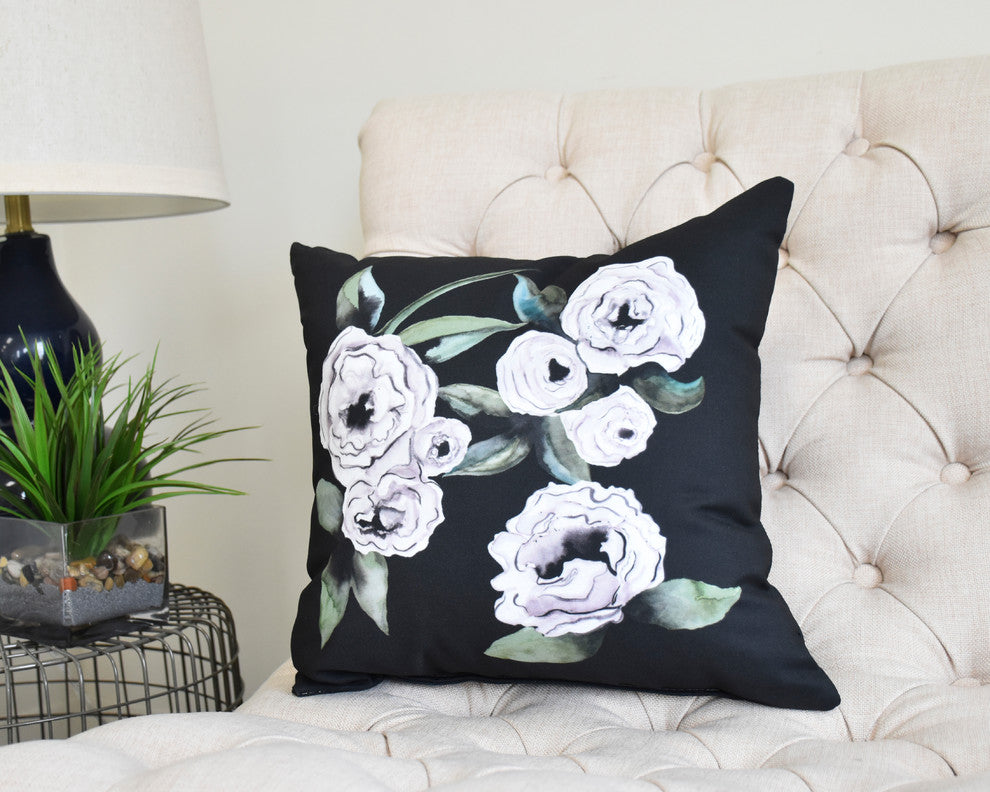 Radiant Rose 18" Black Floral Print Decorative Throw Pillow