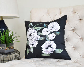 Radiant Rose 18" Black Floral Print Decorative Throw Pillow