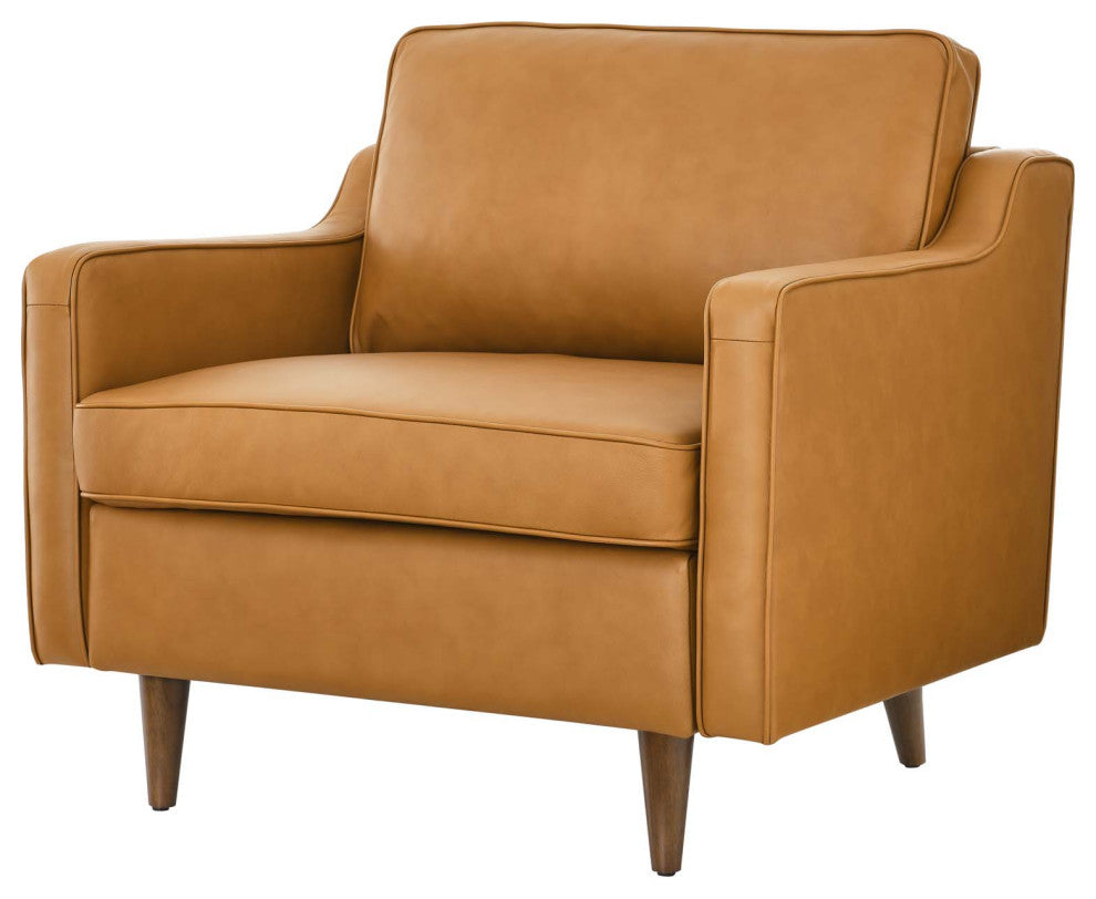 Armchair Accent Chair, Tan, Leather, French, Mid Century Hotel Lounge Cafe