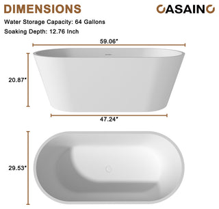 59in White Solid Surface Freestanding Soaking Bathtub with Drain, 59in