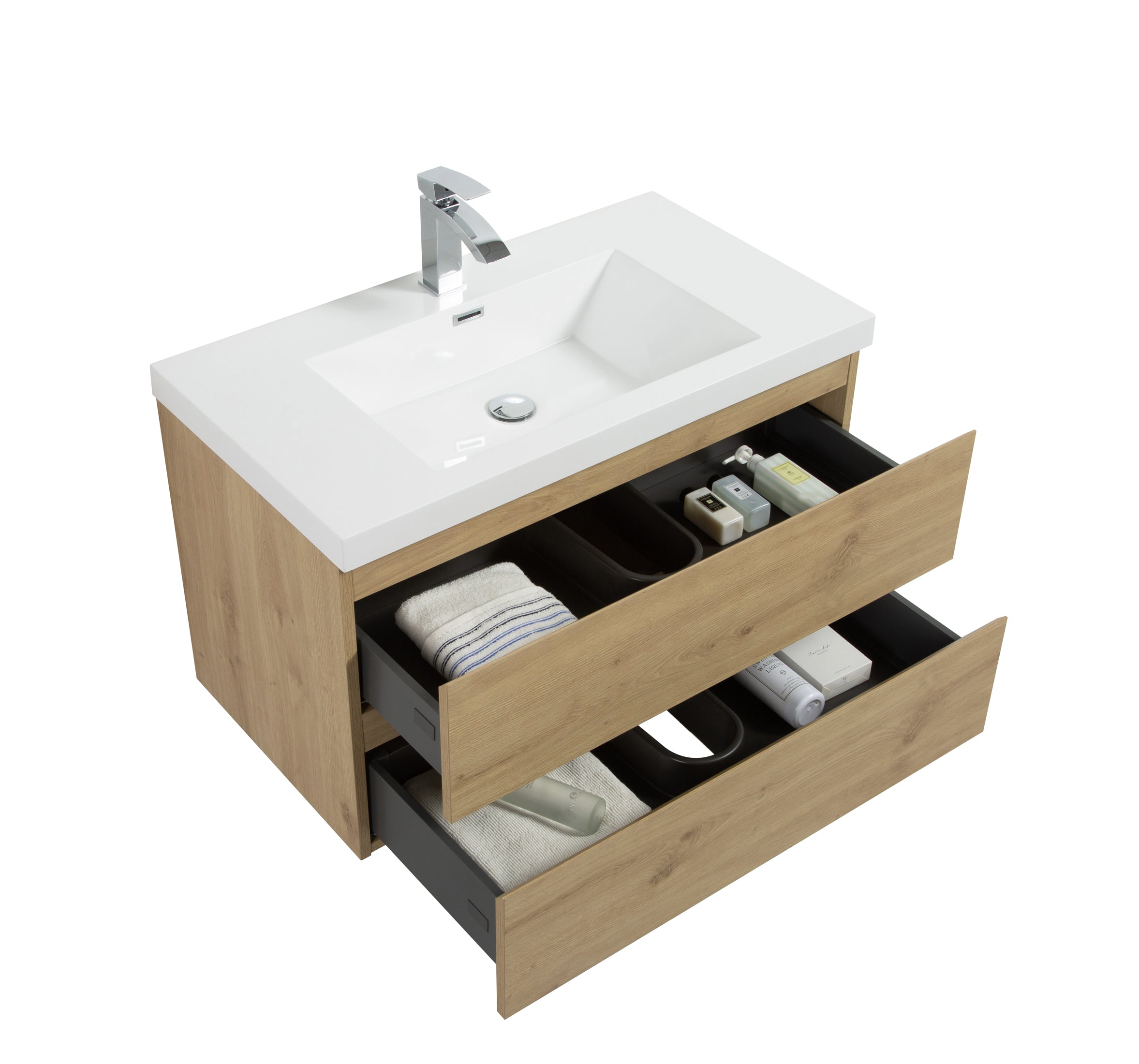 Alma-Pre Wall Mount Vanity With White Sink, Natural Oak, 42"