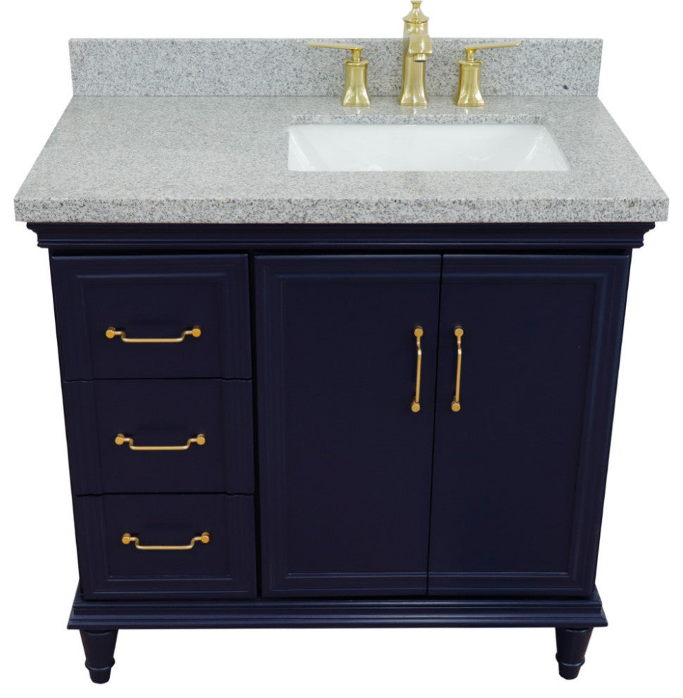 37" Single Vanity, Blue Finish With Gray Granite