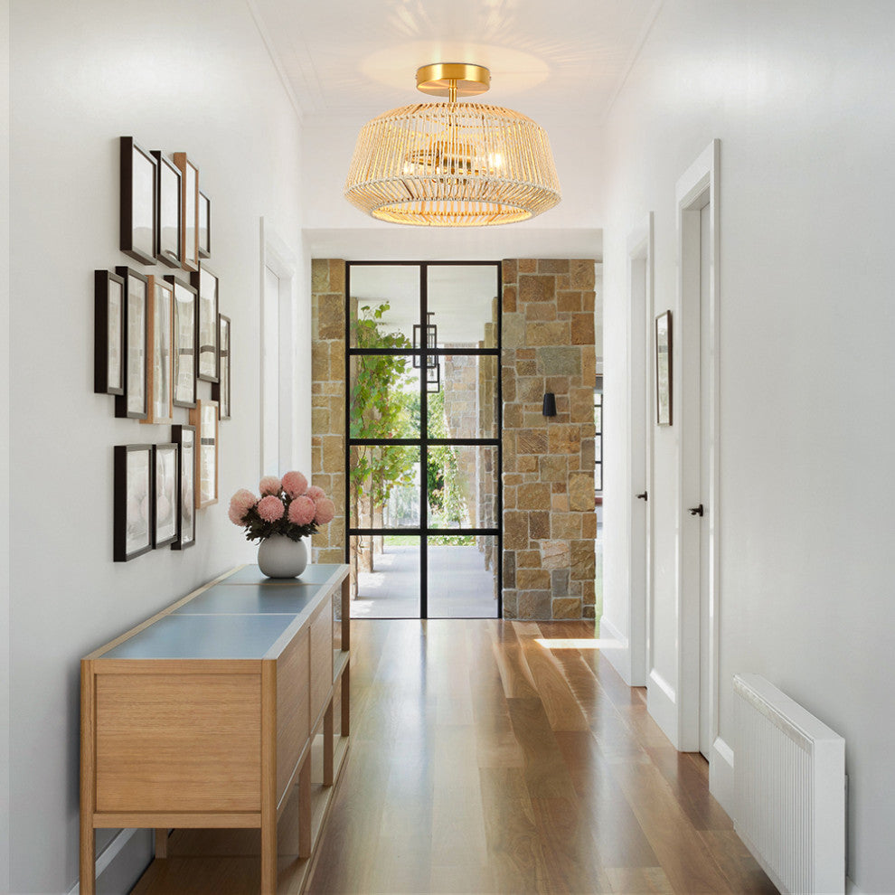 14" W 2-Light Rattan Semi-Flush Mount Ceiling Light