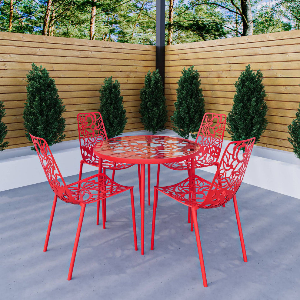 LeisureMod Devon 5-Piece Aluminum Patio Dining Set With Table and 4 Chairs, Red