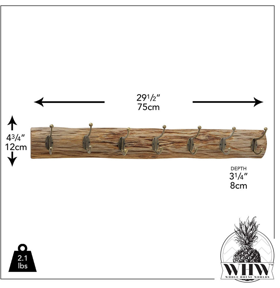 7 Hook Oak Plank Wall Rack, 29.5 Inches