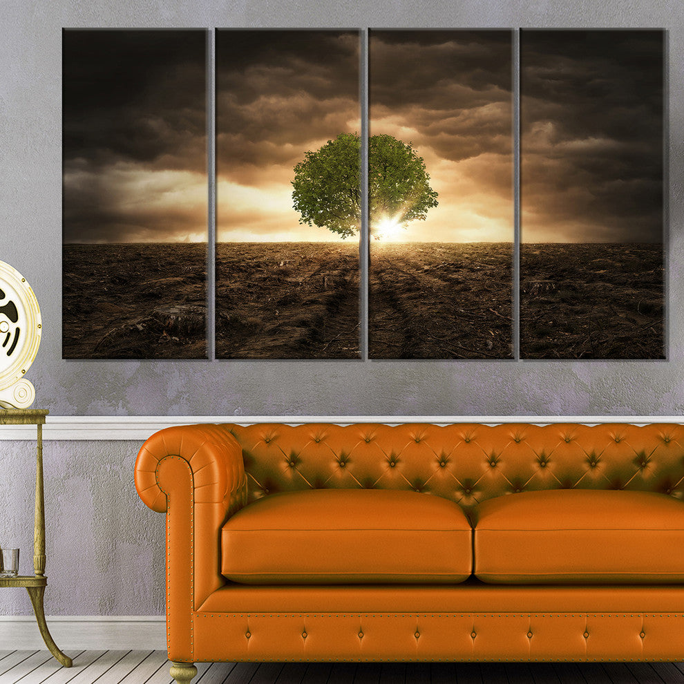 "Lonely Tree Under Dramatic Sky" Wall Art Landscape, 4 Panels, 48"x28"