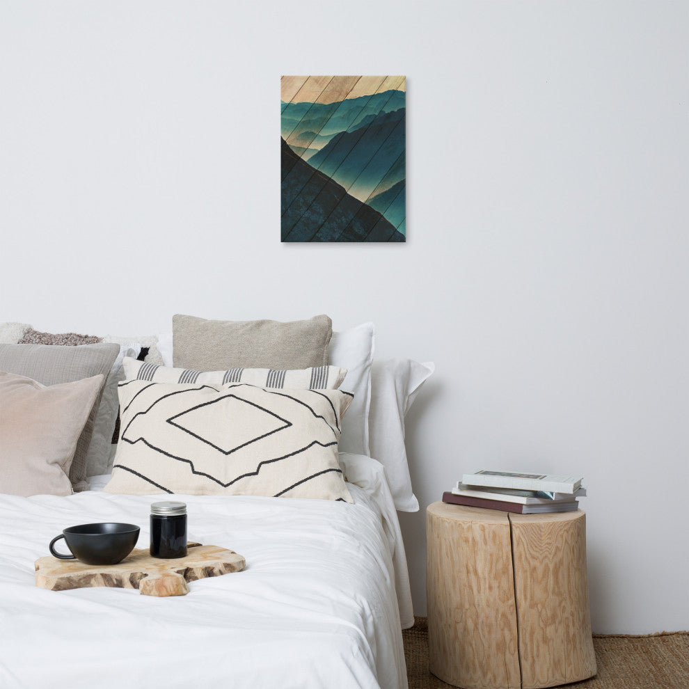 Faux Wood Misty Blue Silhouette Mountains Landscape Canvas Art Print, 18" X 24"