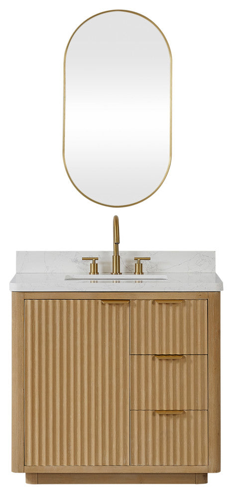 Vinnova Cadiz Bath Vanity, Composite Stone Top, Washed Ash Grey, 36", With Mirror