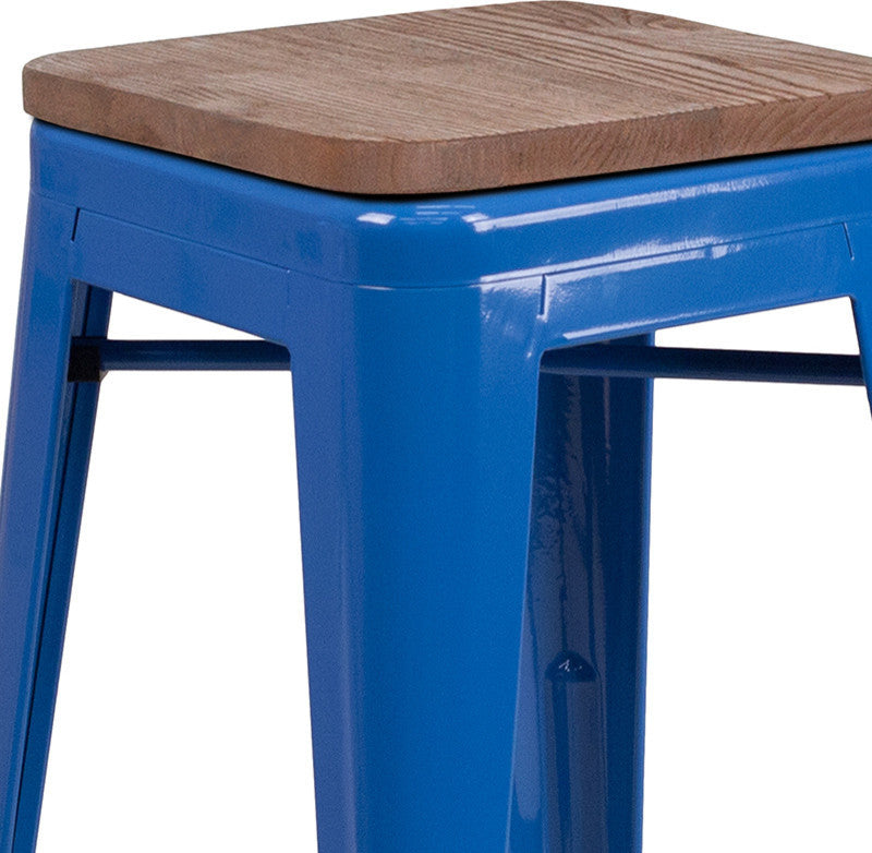 30" High Backless Blue Metal Barstool With Square Wood Seat