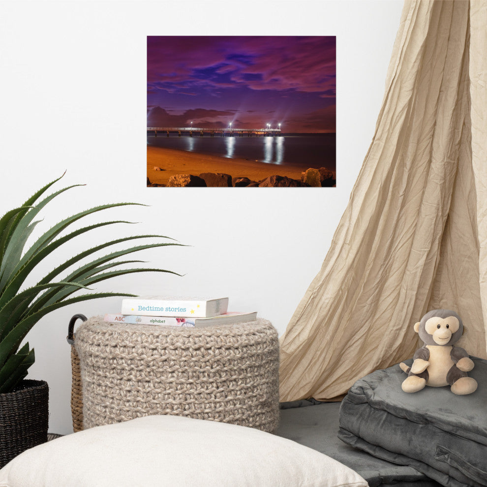 The Pier at Woodland Beach Night Coastal Photo Unframed Wall Art Print, 16" X 20"