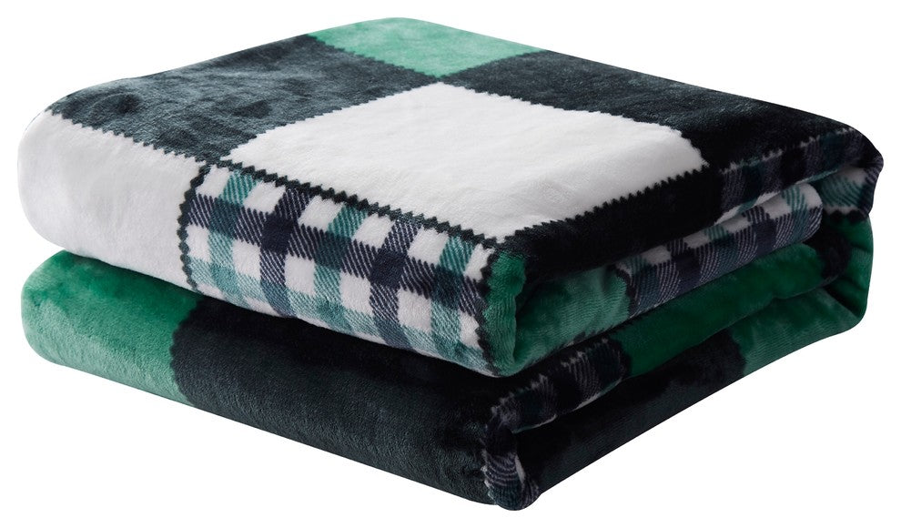 Tache Forest Green Super Soft Cozy Fleece Tartan Patchwork Throw Blanket, Full/Q