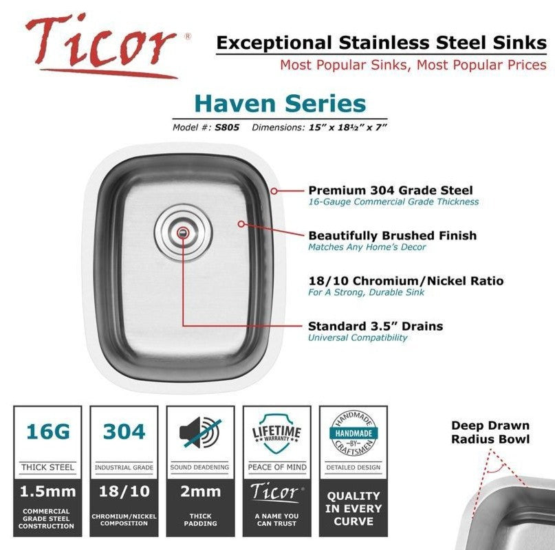15" Undermount 16-Gauge Stainless Steel Kitchen and Bar Sink, Sink With Basket S