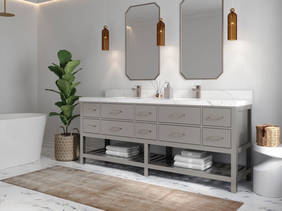 Parker 84" Double Sink Bath Vanity, Elephant Skin Gray 2" Calacatta Poanazzo