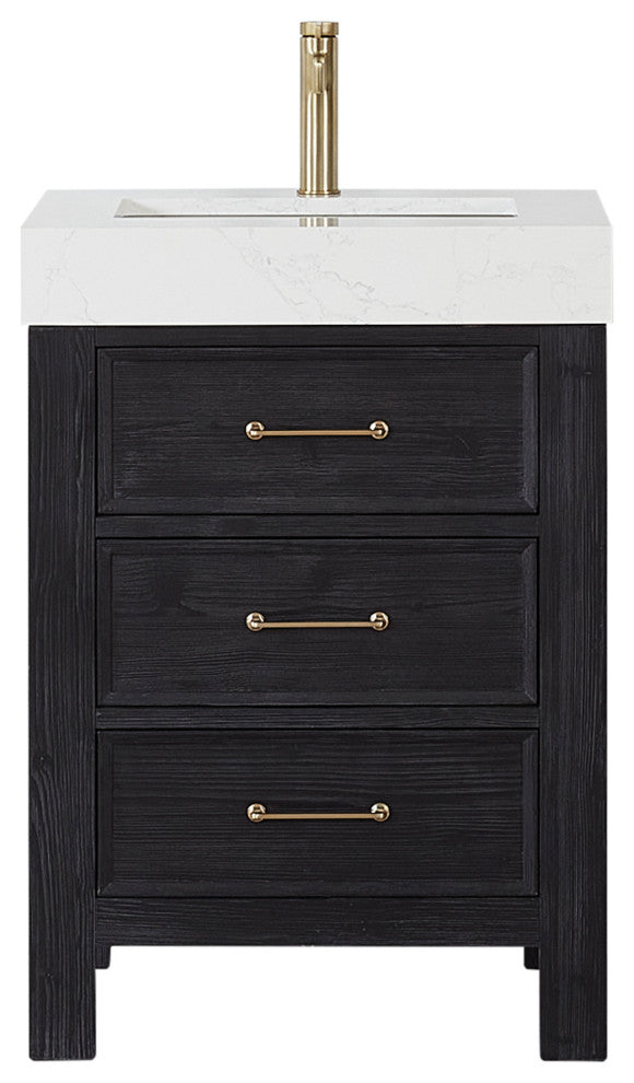 Leon Bath Vanity With Composite Stone Top, Fir Wood Black, 24", No Mirror