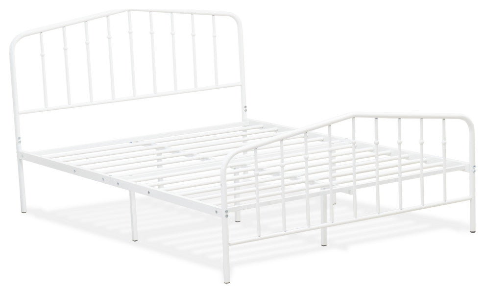 Kemah Full Bed Frame, 3 Supporting Metal Legs Deluxe Bed In Powder Coating White