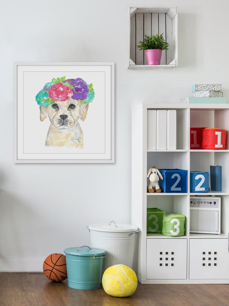 Marmont Hill, "Dog with Flower Crown" by Thimble Sparrow Framed Painting, 24x24