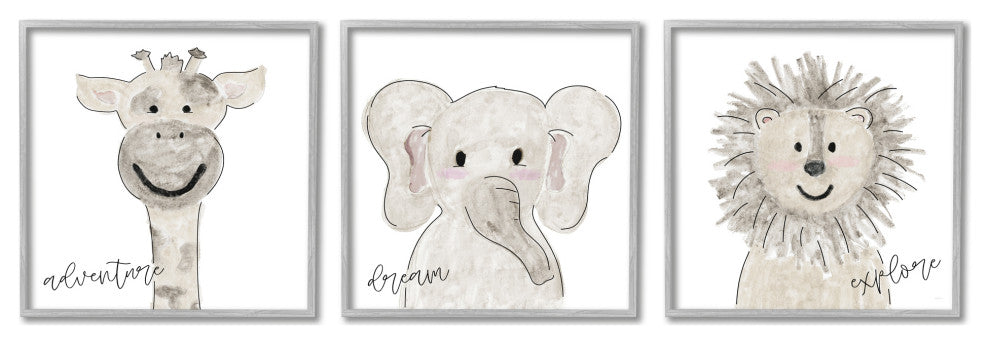 Cute Cartoon Animals Illustration Adventure Dream Explore Quote, 3pc, each 12x12