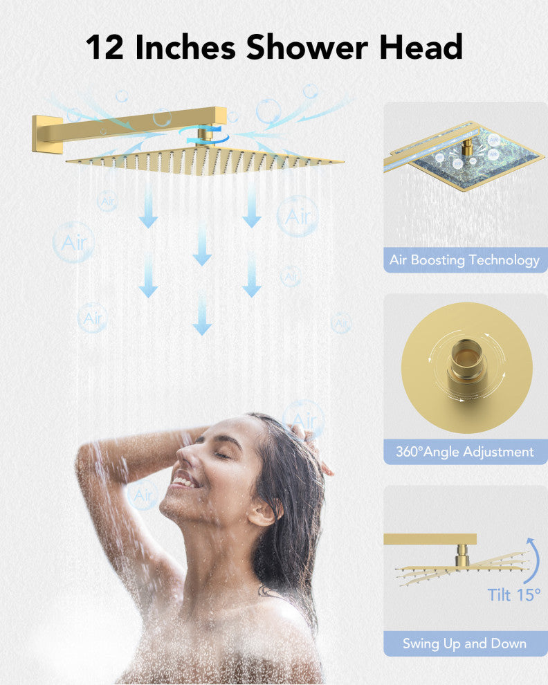 Thermostatic Shower Faucet 12" Rain Shower Head with Handheld Slide Bar System, Brushed Gold