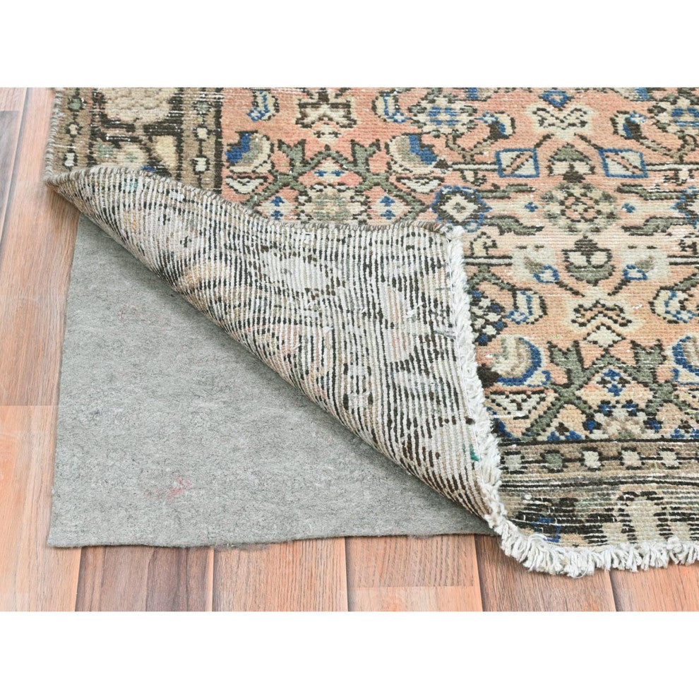 Beige Hand Knotted Vintage Persian Hamadan Pure Wool Clean Runner Rug, 3'5"x9'2"