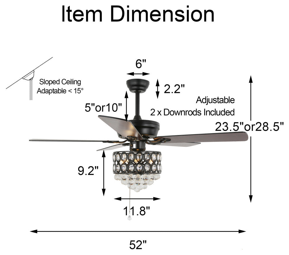 52" Modern Silver Crystal Ceiling Fan 6-speed with Dimmable Light and Remote, Black, 52"