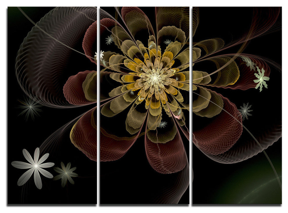 "Brown Fractal Flower With Silver stars" Metal Wall Art, 3 Panels, 36"x28"