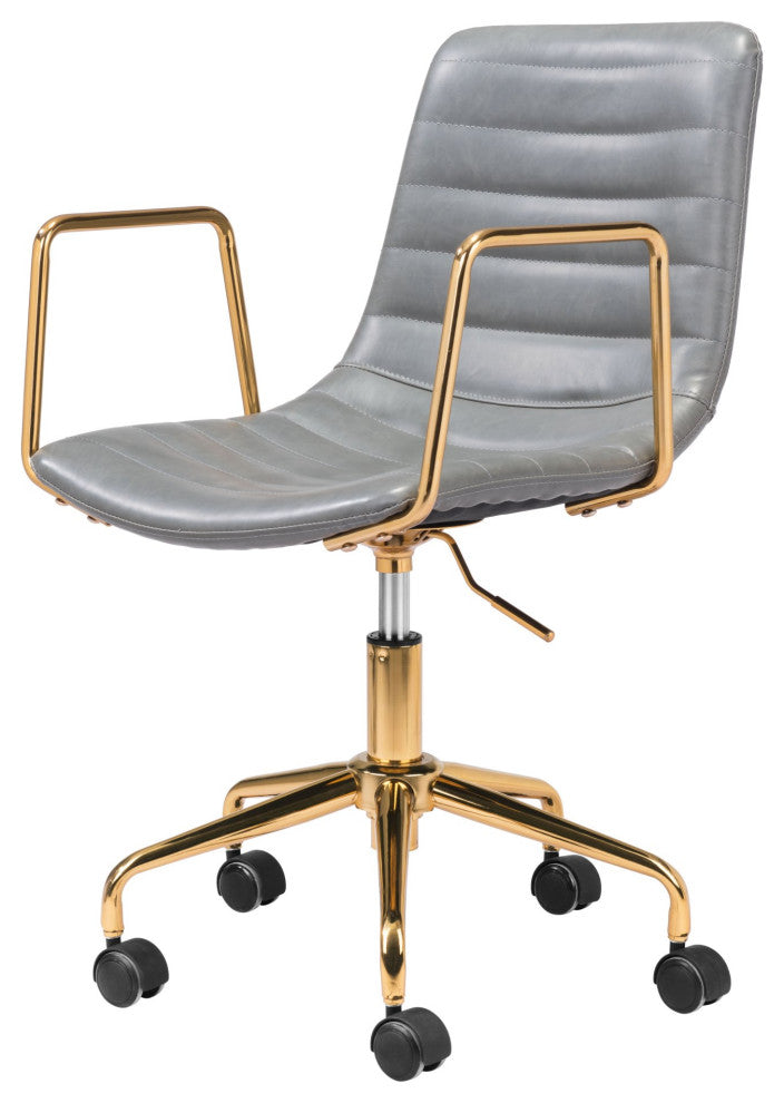 Computer Chair, Faux Vinyl Leather, Steel, Gray, Gold, Business Office